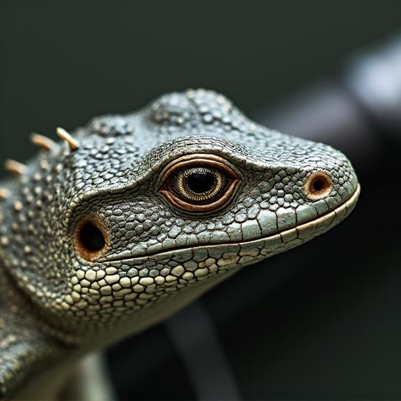 En närbild av en varans skinn som övergår i kolfibermönstret från ett fiskespö.