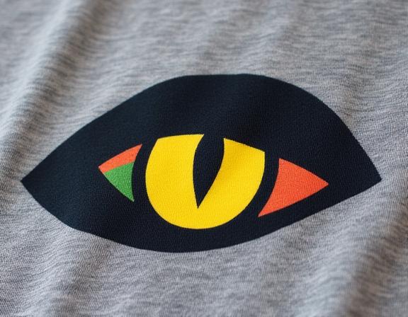 Närbild på en grå t-shirt med ett stiliserat gecko-öga-tryck.