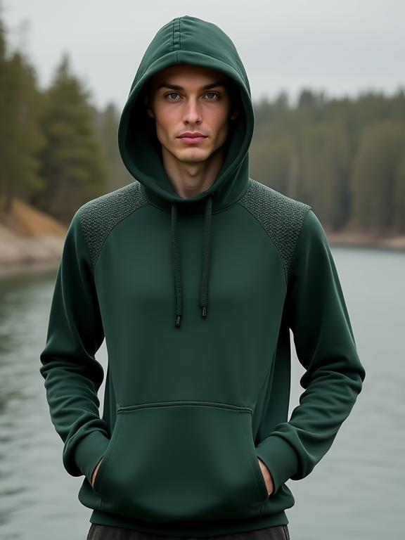 Modell som bär en mörkgrön hoodie med diskret fjällmönster på axlarna.