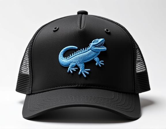 En svart keps med en broderad logotyp av en stiliserad varan.