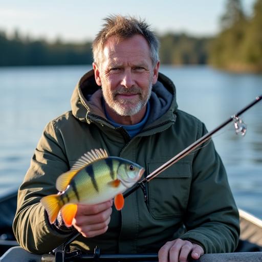 Porträtt av Markus Jansson i en båt med ett abborrspö.