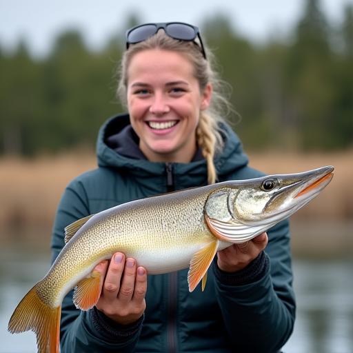 Porträtt av Sofia Lindgren som håller upp en stor gädda.