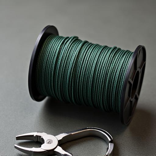 En spole med mörkgrön flätlina och en tång i rostfritt stål.