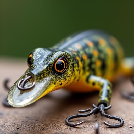 Ett custom-målat fiskedrag som liknar en liten ödla.