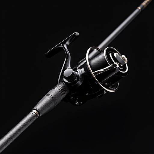 Ett stilrent svart fiskespö med en matchande rulle monterad.